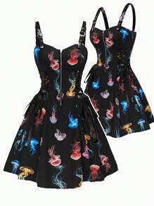 Sweetra Plus Size Dark Aesthetics Digital Print Jumpsuit Dress - Multicolor - View 1