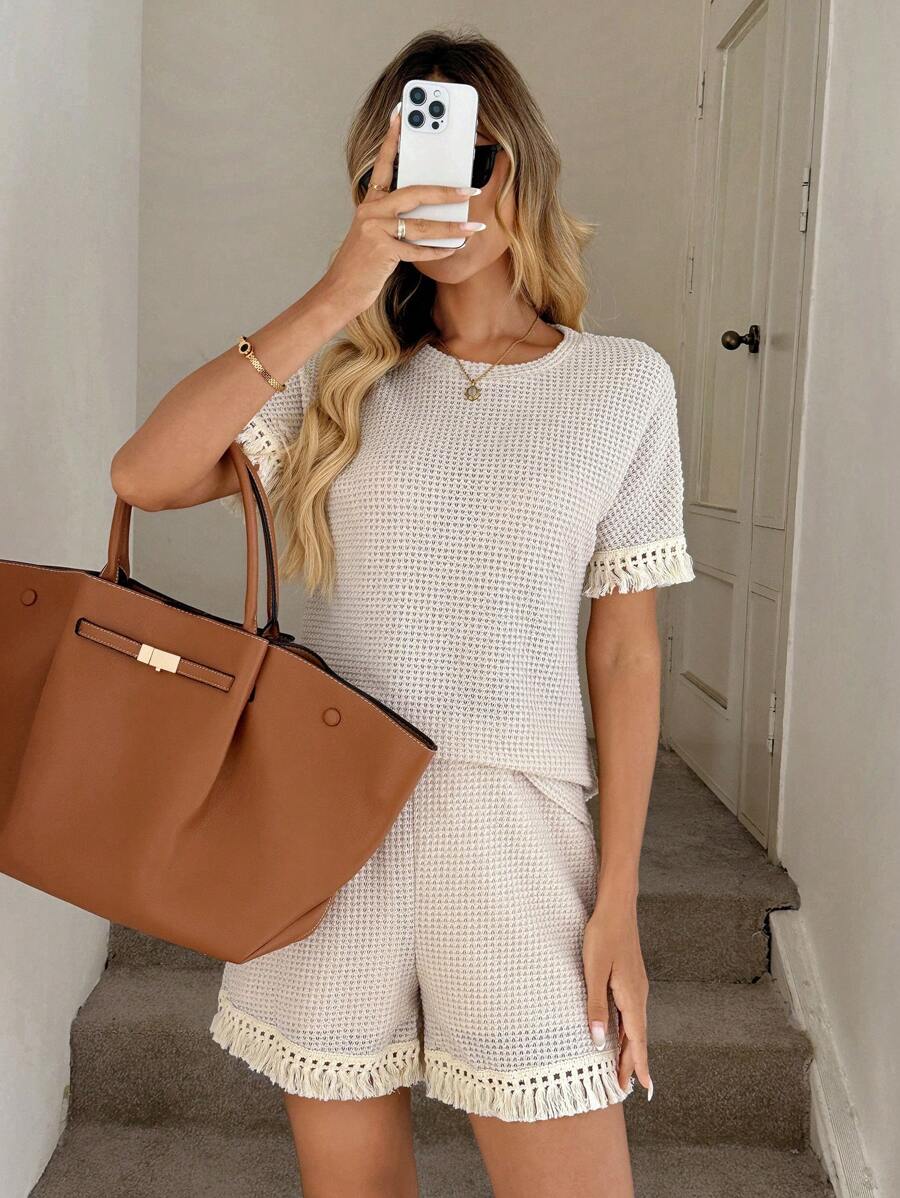 Easowa 素色流蘇邊T恤和短褲 - 杏色 - 查看 1