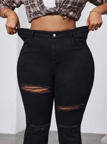 SHEIN CURVE+ Pantalones vaqueros negros de tallas grandes, vaqueros acampanados y rotos, vaqueros de mezclilla cómodos y elásticos con bolsillos, uso casual - Negro - Ver 4