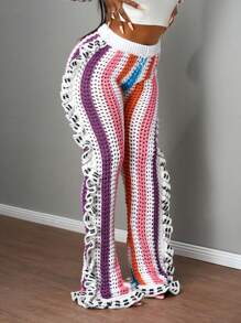 Slaydiva 2025夏季新款音乐节、复活节、毕业季学生装、休闲装、度假装、邮轮旅行装、沙滩装、日光浴装流行钩针镂空网纱撞色荷叶边女款毛衣裤套装 - 彩色 - 查看 5