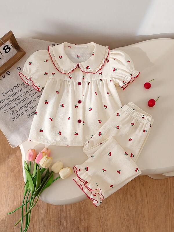 2-delige pyjamaset voor meisjes, kersenprint, ruches, elegante top met korte mouwen en lange broek, comfortabel en stijlvol
