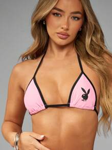 Missguided x Playboy Bộ đồ bơi tam giác in logo thỏ đi biển cho kỳ nghỉ hè, mặc ở khu nghỉ dưỡng bên hồ bơi, có thể điều chỉnh dây buộc ở phần dưới - Hồng - Xem 5