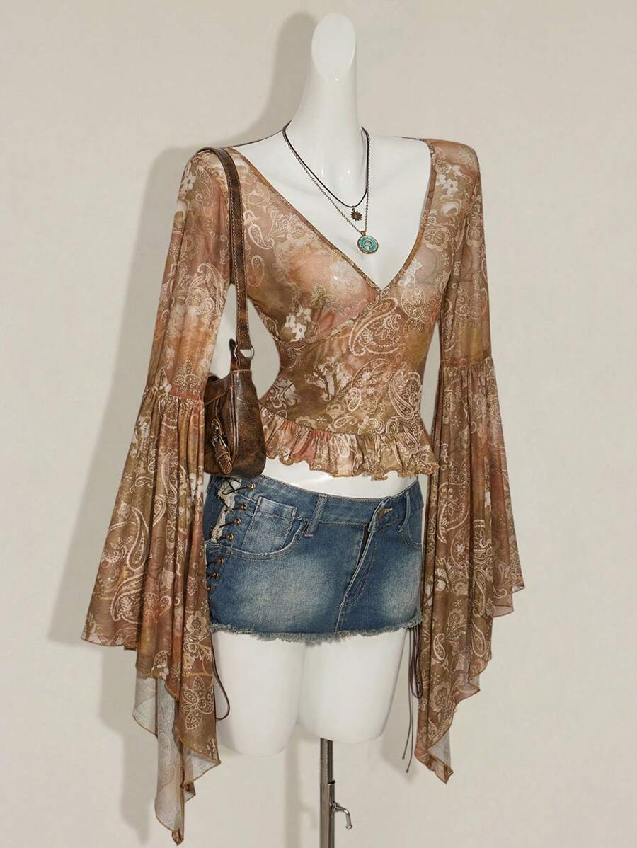 SHEIN ICON 女士外出夏威夷波西米亚风佩斯利印花西部性感度假喇叭长袖透视腰腰果印花网眼衬衫 - 彩色 - 查看 1