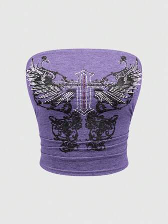 Grunge Punk Women's Strapless Gray Black Star Rhinestone Embellished Top