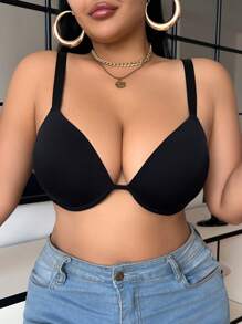 DesireSculpt 1 件大码女士纯色钢圈低胸文胸，黑色，提升 - 黑色 - 查看 4