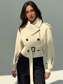 Aloruh 新款卡其色百搭短款风衣，收腰设计，双排扣可拆卸斗篷设计，秋冬复古时尚 - 卡其色 - 查看 5