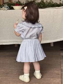Hapijoa 2pcs/Set Baju Bayi Perempuan Polo Kerah Garis-garis dengan Pita dan Rok Lipit, Pakaian Balita Perempuan - Biru - View 3