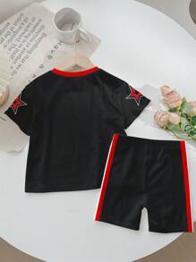 SHEIN 2 件套年轻女孩休闲时尚经典时尚棒球和芝加哥文字星星印花圆领短袖 T 恤和运动短裤，夏季服装 - 彩色 - 查看 4