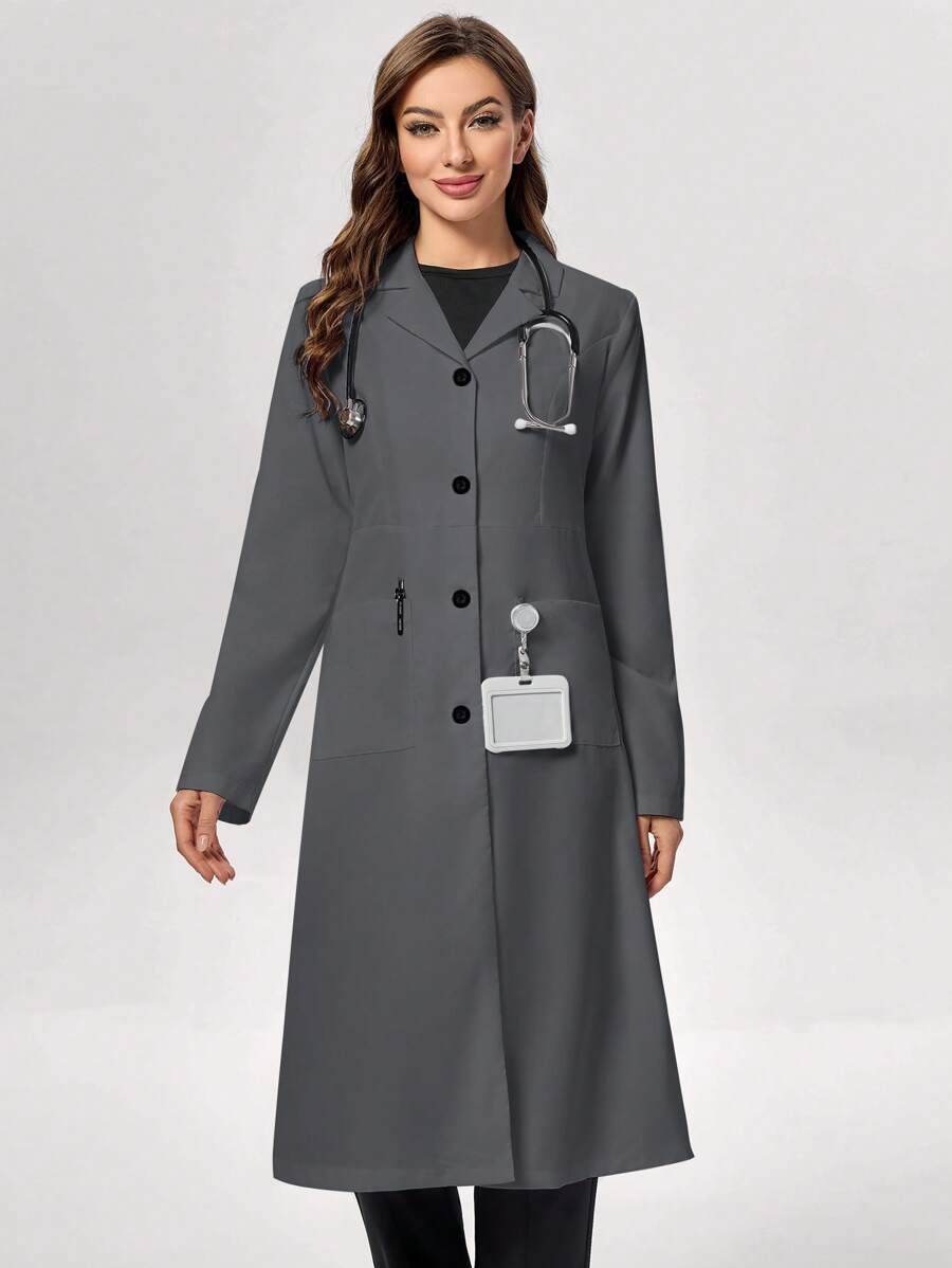 TaskEZ Mid-Length Solid Color Front Button Lab Coat - Dark Grey - View 1