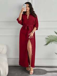 Plus Sıze Fancy Pocket And Belt Detaıl Long Dress - Burgundy - View 1