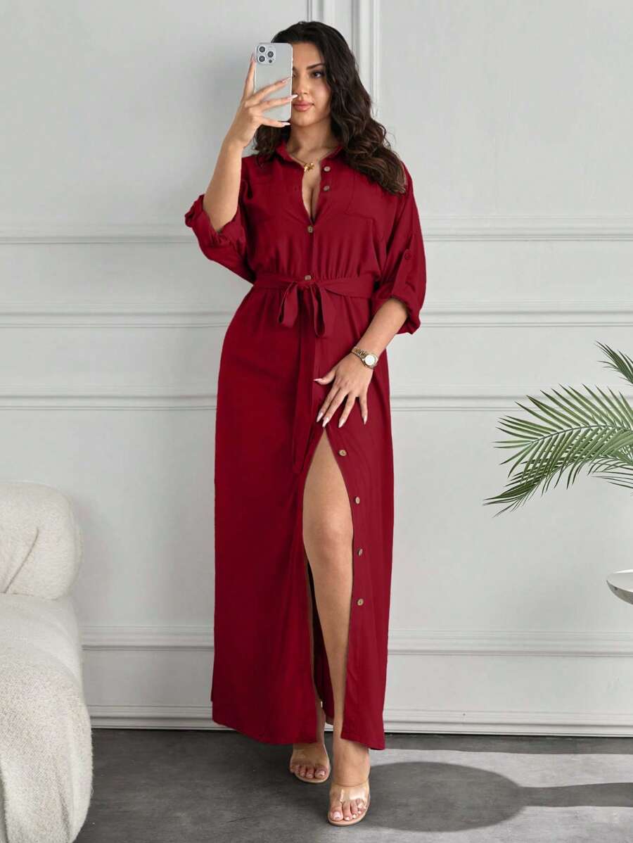 Plus Sıze Fancy Pocket And Belt Detaıl Long Dress - Burgundy - View 1