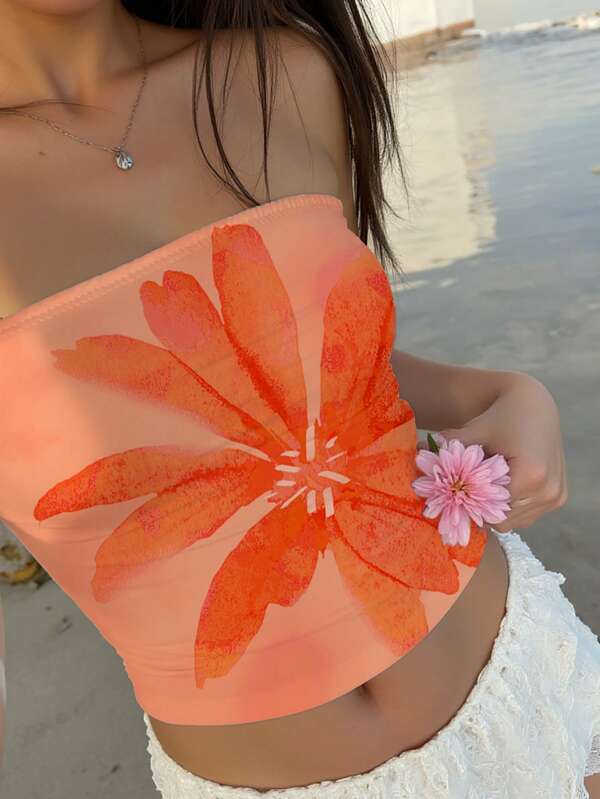 Aloruh Women Casual Orange Daisy Print Bustier Crop Top, Suitable For Summer, Beach, Music Festivals, Spring Break, Vacation Vibes Beach Wear