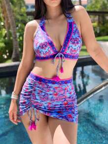Swim Vcay 3 pièces Ensemble Maillot de bain grande taille pour femmes - Top à col noué et rembourré à imprimé floral aléatoire & Jupe bikini à taille cordonné - Multicolore - Voir 3
