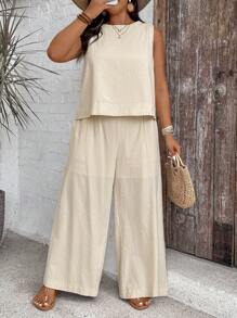 SHEIN VCAY Bộ 2 món/bộ áo ba lỗ dệt bó màu trơn cỡ lớn cho nữ & quần ống đứng cạp cao rộng rãi mùa xuân cho nữ quần áo vải lanh cho kỳ nghỉ nhiệt đới - Màu be - Xem 7