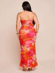 SHEIN BAE Plus Size Women Elegant Floral Print Drawstring Asymmetric Hem High Slit Bandeau Top For Spring/Summer, Vacation - Orange - View 6