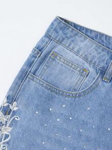 ROMWE MEN Street Life Shorts vaqueros casuales lavados con bordado de rhinestones para hombre - Celeste - Ver 3