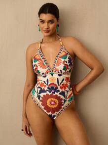Travachic Plus Size Bohemian Style Tropical Beach Colorful Floral Print V-Neck Backless One-Piece Swimsuit For Women, Summer