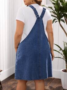 EMERY ROSE Plus Size Women Single Breasted Double Pocket Casual Denim Bib Overall Dress - Dark Wash - View 2