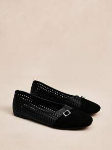 Rosivie Nuevos zapatos planos de mujer para el verano 2025 de estilo negro y hueco con punta cuadrada y diseño deslizante, moda versátil con suela suave y cómoda, de punta cerrada - Negro - Ver 5