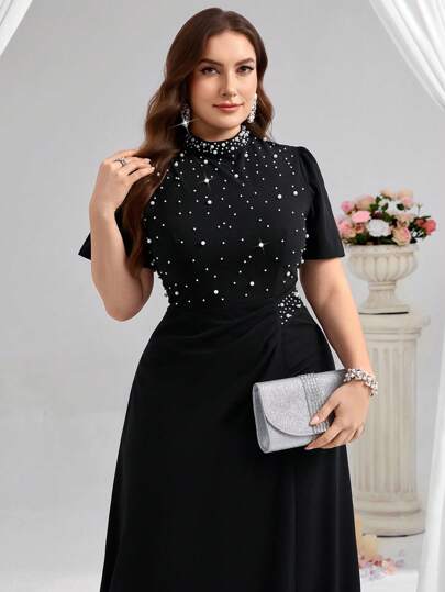 Coutiva Plus Size Women's Faux Pearl Decor Mandarin Collar Short Sleeve Elegant Formal Evening Gown (Embellished Design) Birthday Dresses For Women Sequin