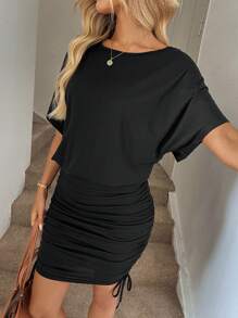 Easowa Solid Drawstring Side Batwing Sleeve Ruched Dress - Black - View 3