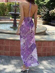 Aloruh New Romantic Ditsy Floral Mesh Printed Vintage Paisley Pattern Sexy Deep V Neck Halter Backless Semi-Sheer Beach Bikini Cover Up Dress - Purple - View 2