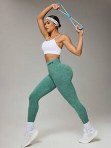 女式字母腰带运动紧身裤 - 綠色 - 查看 4