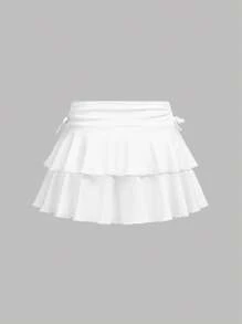 Girlism 2 件套青少年女孩时尚休闲简约褶皱腰 A 字裙黑白，音乐会青少年荷叶边裙青少年女孩裙子套装荷叶边短裙短裤内搭多层荷叶边短裙 - 黑與白 - 查看 9