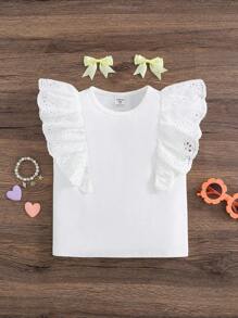 SHEIN Young Girl Casual Minimalist Comfortable Round Neck Ruffled Sleeve T-Shirt - White - View 2