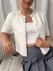 EURMUSE Women's Embellished Button-Up Wool Cardigan – Short-Sleeve Design With Delicate Beaded Neckline Detailing, Ribbed Hem Edges, And Soft Knit Fabric For A Cozy Yet Chic Winter Layer White Cropped Cardigan White Knit Cardigan Rhinestone Cardigan Pearl Button Cardigan,Long Cardigans Woman,Petite Cardigans,Cardigans - Cream - View 7