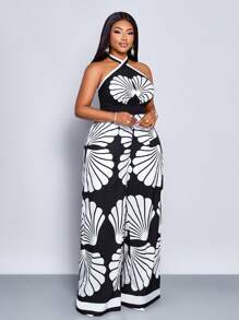 SOLERSUN 大码春夏新款挂脖高腰阔腿口袋连体裤度假休闲性感优雅植物纹时尚女装 - 黑色 - 查看 6