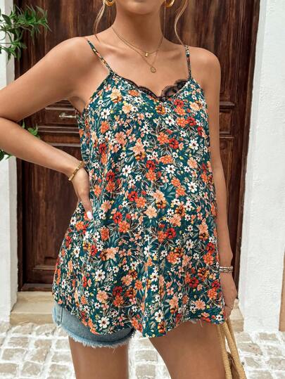 SHEIN 孕妇夏季花卉蕾丝边无袖上衣