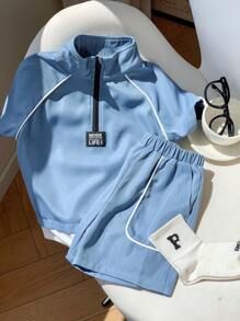 Set de 2 piezas para niño pequeño: Chaqueta casual azul de manga corta y cuello alto, y pantalones cortos. Apto para vestuario de niños, ropa de niño, de vuelta al colegio, conjuntos para niños, adecuado para fiestas de cumpleaños, fiestas de noche, actuaciones, bodas, ceremonias de apertura, uso diario, colegio, viajes, deportes