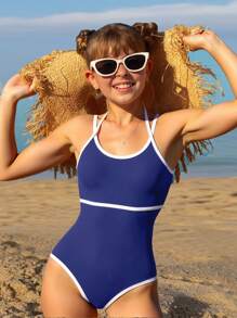女童连体蓝色纯色交叉肩带可调节泳衣 - 藍色 - 查看 10