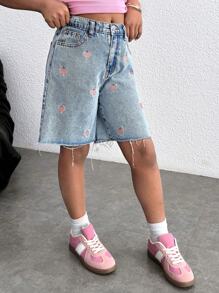 SHEIN Pantalones cortos vaqueros holgados de cintura alta con bordado de corazón lavado en azul claro, estilo Y2K para niña preadolescente; Pantalones cortos holgados de estilo boho para vacaciones de verano en la playa para niña preadolescente; Pantalones cortos casuales para conciertos de verano, festivales, brunch de verano, iglesia, graduación, vuelta al colegio para niña preadolescente - Lavado ligero - Ver 7