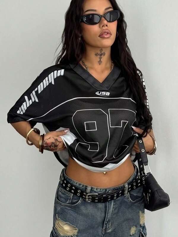 Coolane Women's Spring And Summer Y2K Streetwear Vintage Breathable Mesh Graphics Number Pattern  Black Football  Jersey T-Shirt