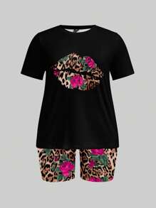 Slaydiva 2 Pieces Plus Size Casual Loose Rose & Leopard Lip Graphic Print Round Neck Short Sleeve T-Shirt And Leopard Print Shorts Set, Suitable For Summer Sets For Women Casual,Holiday Outfits - Hot Pink - View 3