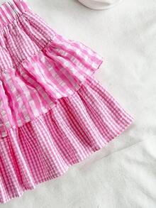 Soleia Bộ 2 món trang phục thường ngày mùa hè cho nữ: Áo xoắn bandeau và chân váy nhún bèo, họa tiết kẻ caro xanh trắng, thích hợp cho ngày lễ Bộ váy gingham màu hồng Bộ váy mùa hè Bộ váy hồng Trang phục đi nghỉ Bộ váy cho nữ - Nhiều màu - Xem 4