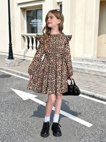 SHEIN Vestito casual con vita aderente, maniche lunghe e corte, collo tondo, stampa leopardata in velluto a coste, adatto a ragazze pre-adolescenti, per autunno/inverno, occasioni più miti, Ringraziamento, attività all'aperto, colore marrone, stile campagnolo - Cachi - Visualizzare 9