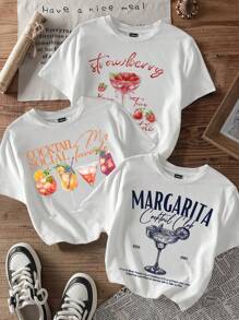 Attitoon 3pcs Set Casual Minimalist Pattern Round Neck Short Sleeve Crop Top T-Shirts For Women, Suitable For Summer, Cocktail Print, Vintage Suitable For Going Out