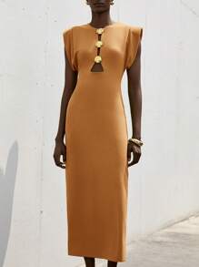 Aveloria Modichic 女士镂空金属扣腰部夸张肩部中长连衣裙 - 黃色 - 查看 6