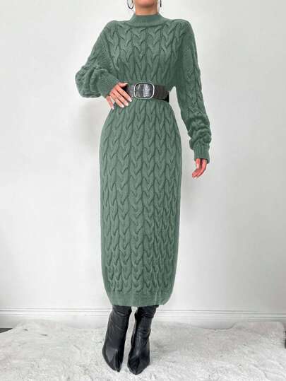 EURMUSE Kvinnors vinter Enfärgad Mock Neck långärmad Enkel Casual lång tröja klänning