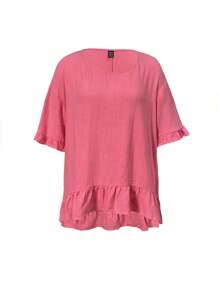 SHEIN LUNE Solid Color Round Neckline Shirt With Ruffle Hem For Summer Casual Wear - Hot Pink - View 1