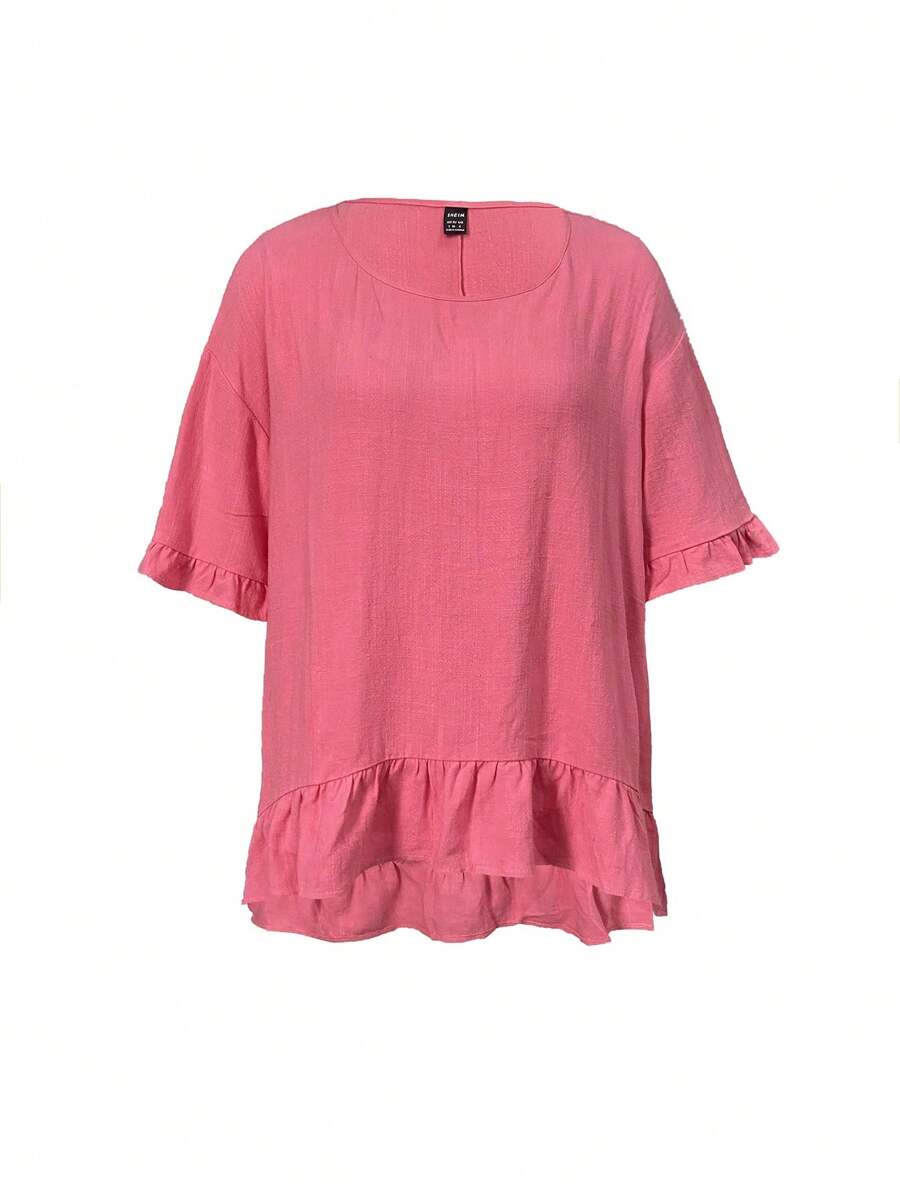 SHEIN LUNE Solid Color Round Neckline Shirt With Ruffle Hem For Summer Casual Wear - Hot Pink - View 1