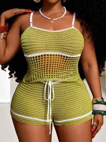 Slaydiva Conjunto de top de camisola de punto abierto y shorts tejidos para mujer de talla grande - Multicolor - Ver 10