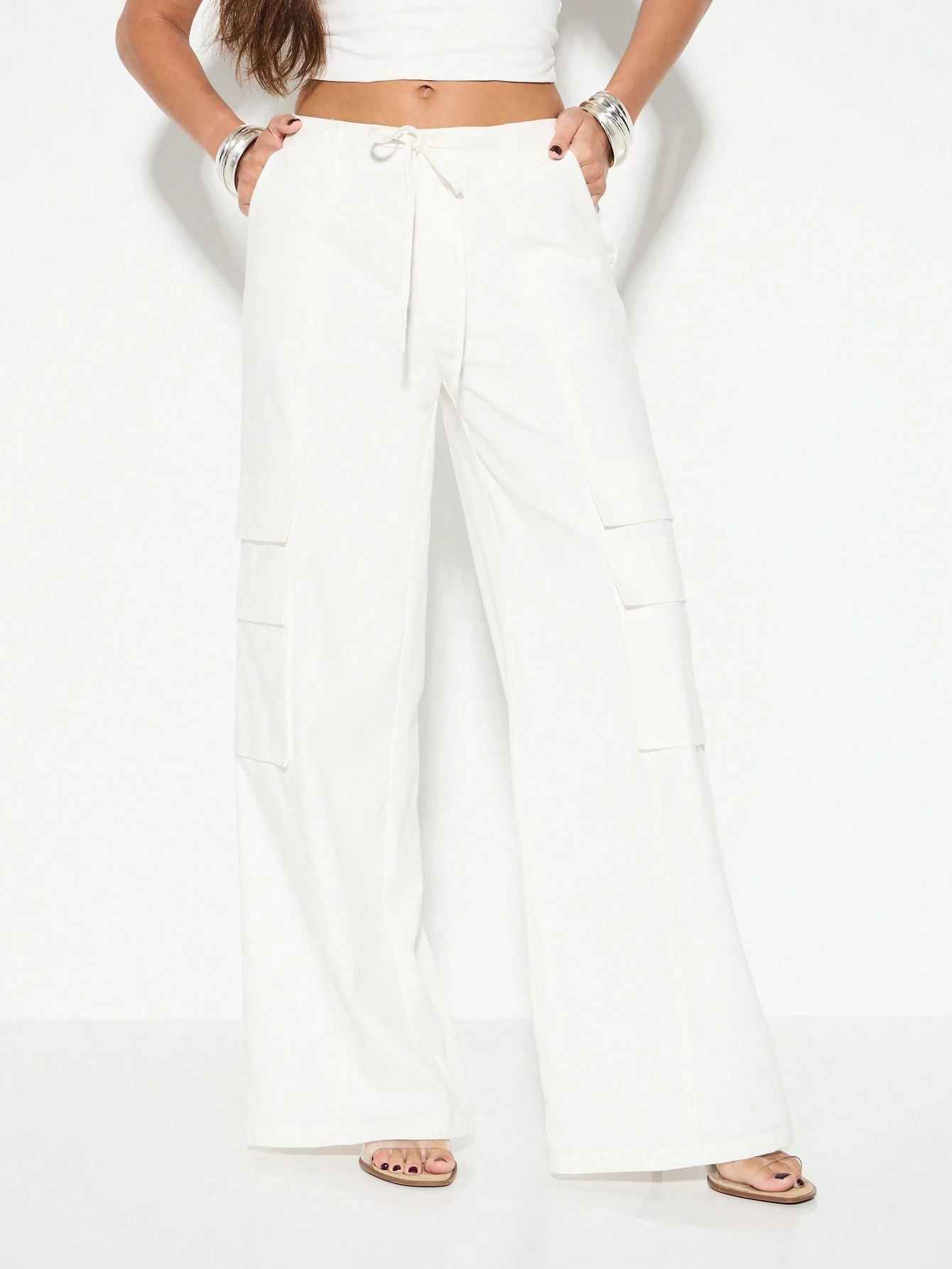 KIZN Relaxed Wide Leg Cargo Pants Utility Style Drawstring Waist