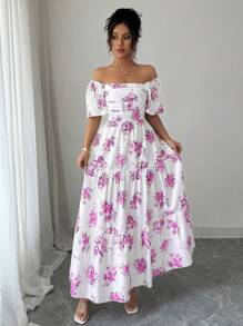 Elenzga 全新春夏法式优雅紫色碎花褶皱泡泡袖飘逸裙连衣裙