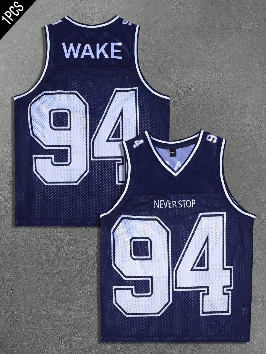 Manfinity EMRG Áo ba lỗ rộng rãi cổ chữ V in số cho nam - Màu xanh lam - Xem 1