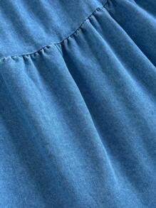 SHEIN Vintaside Kids 女童夏季方领泡泡袖时尚高端大方牛仔连衣裙，适合派对、家庭聚会、学校活动 - 藍色 - 查看 8