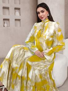 Veilorie Women's Tie-Dye Print Flare Sleeve Ruffle Hem Arabic Style Dress - Yellow - View 3